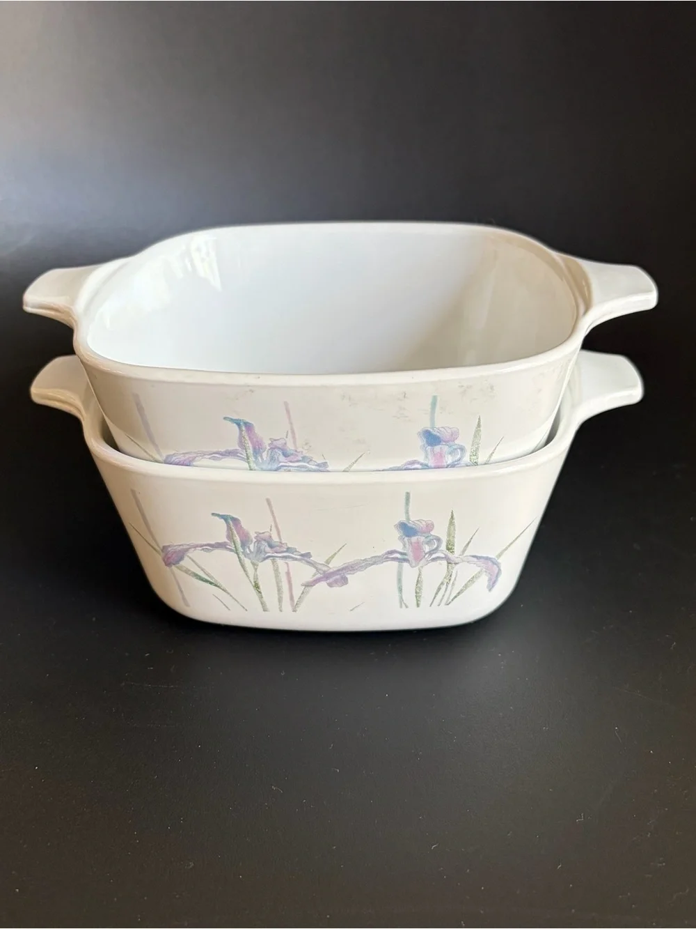 Vintage CorningWare Shadow Iris petite pan casserole dishes 700ml, set of 2